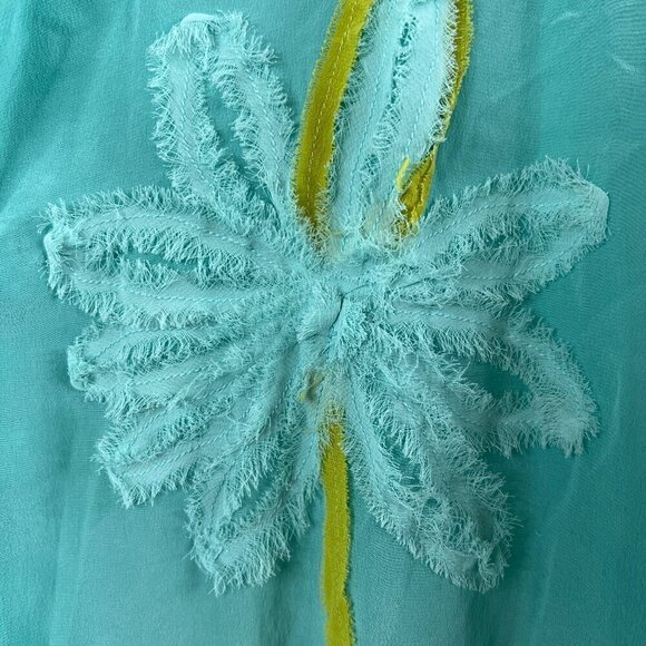 Vintage V Sierra Mejico 100% Pure Silk Open Floral Applique Teal Cover Size L - Picture 5 of 6
